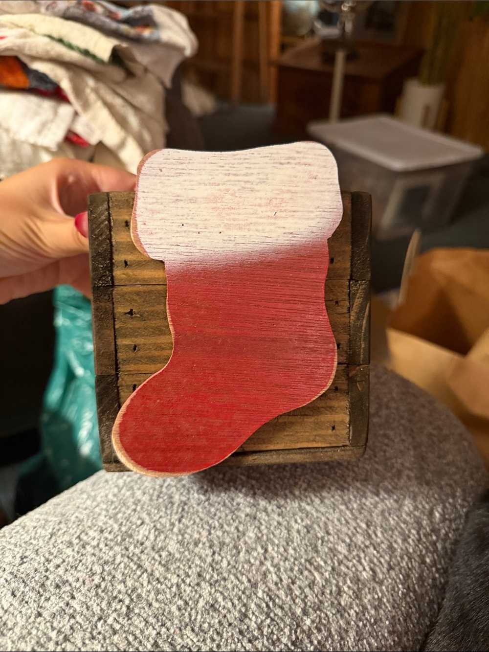 Rustic Red & White Wooden Christmas Stocking Decor